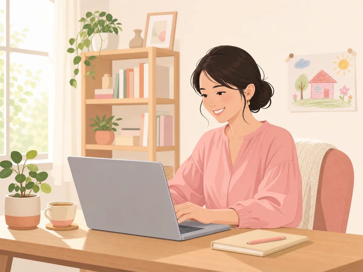 自宅の明るいデスクでノートパソコンに向かい、AIと一緒に仕事を進める女性のイラスト